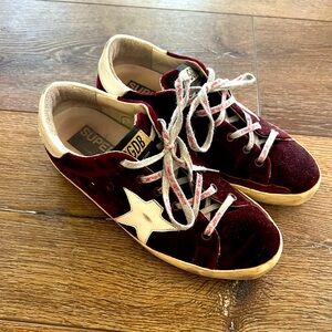Dark purple velvet superstar golden goose sneakers